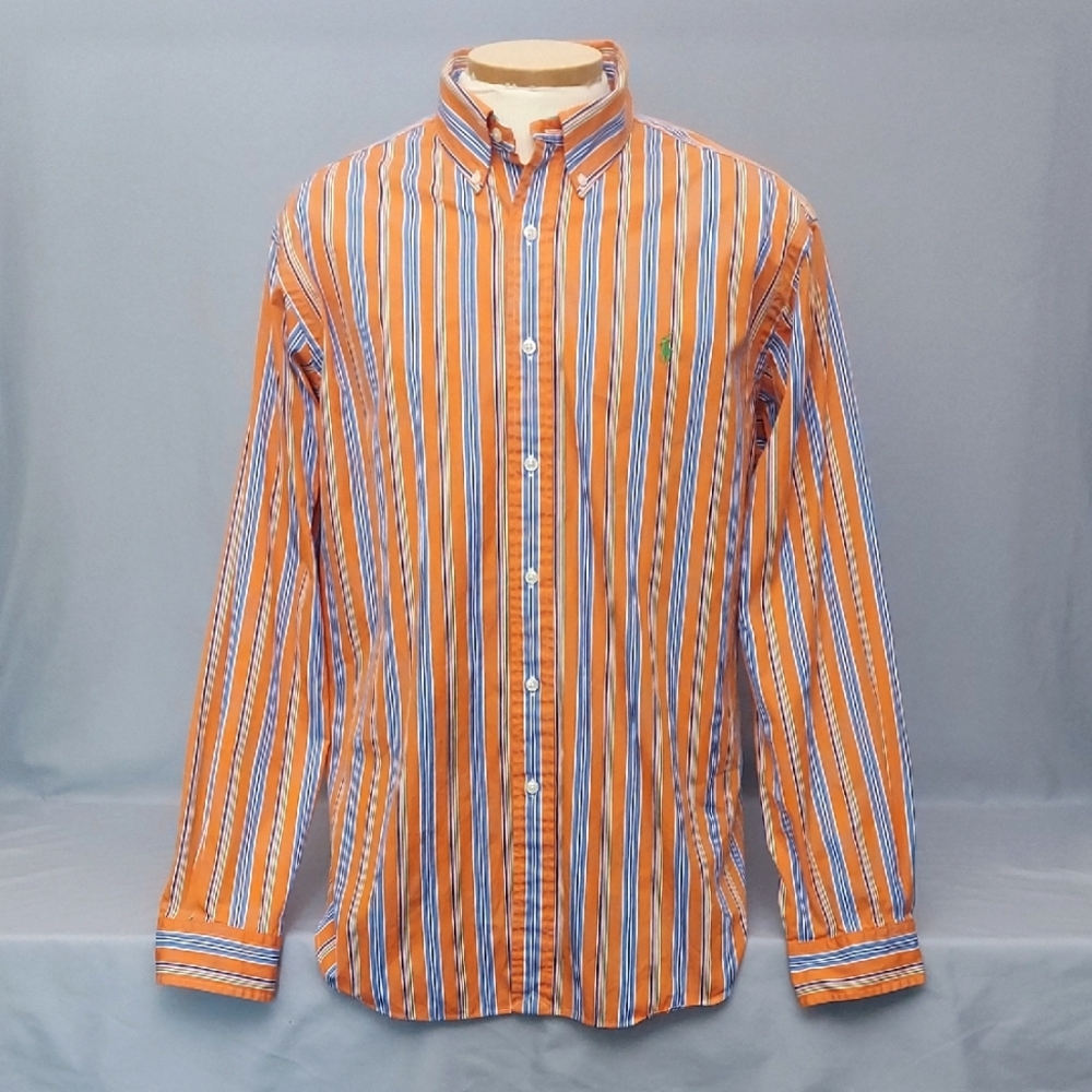 Ralph Lauren Mens Shirt Size XL Classic Fit Orange w/ Stripes Button Down